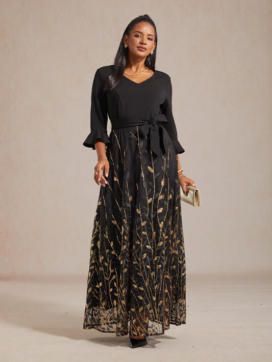 High-Waist A-Line Dress with Sequin Embroidery