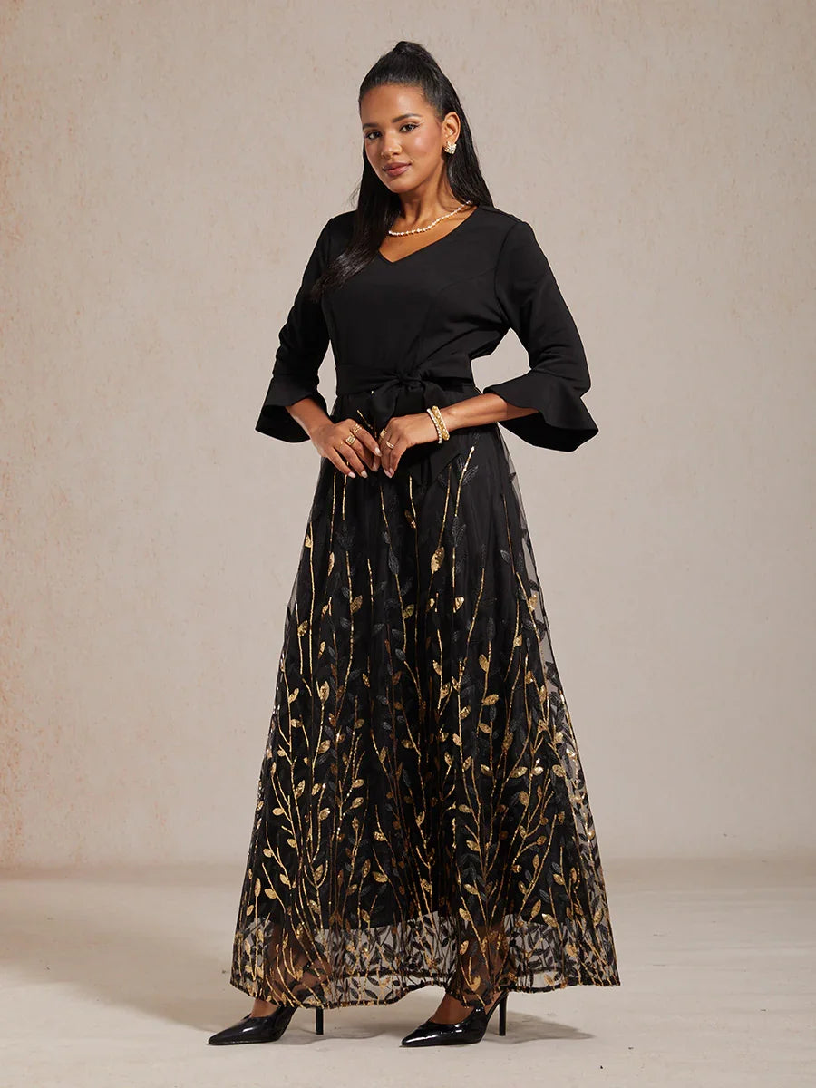 High-Waist A-Line Dress with Sequin Embroidery