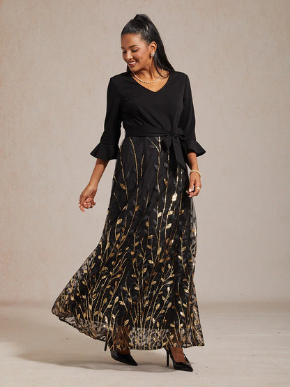 High-Waist A-Line Dress with Sequin Embroidery