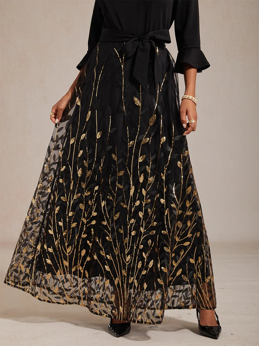 High-Waist A-Line Dress with Sequin Embroidery