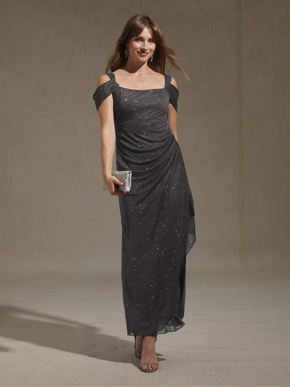 Knöchellanges Cold-Shoulder-Kleid aus glitzerndem Mesh