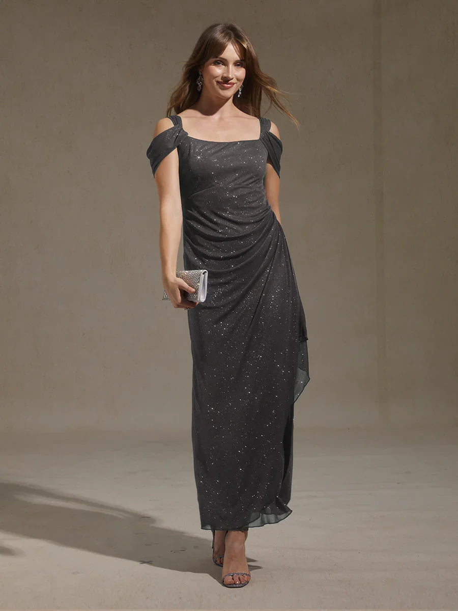 踝長露肩亮片網紗洋裝