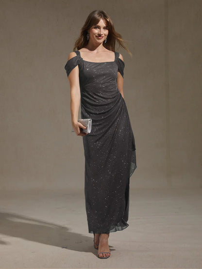 Ankle-Length Cold Shoulder Glitter Mesh Dress