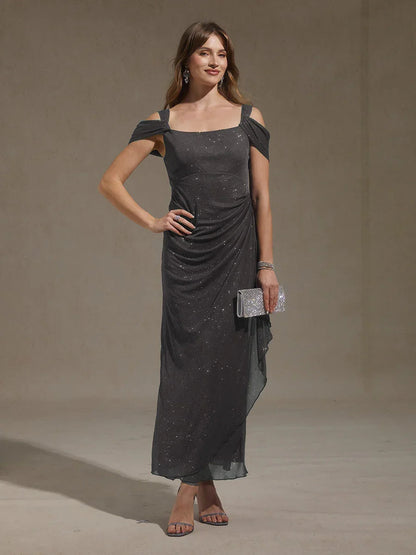 Ankle-Length Cold Shoulder Glitter Mesh Dress