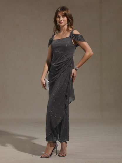 Ankle-Length Cold Shoulder Glitter Mesh Dress
