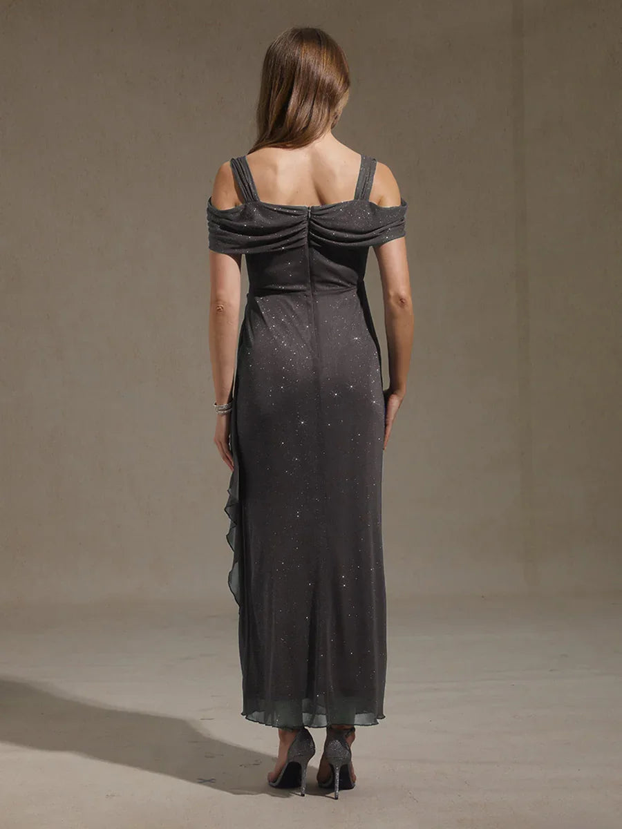 Ankle-Length Cold Shoulder Glitter Mesh Dress