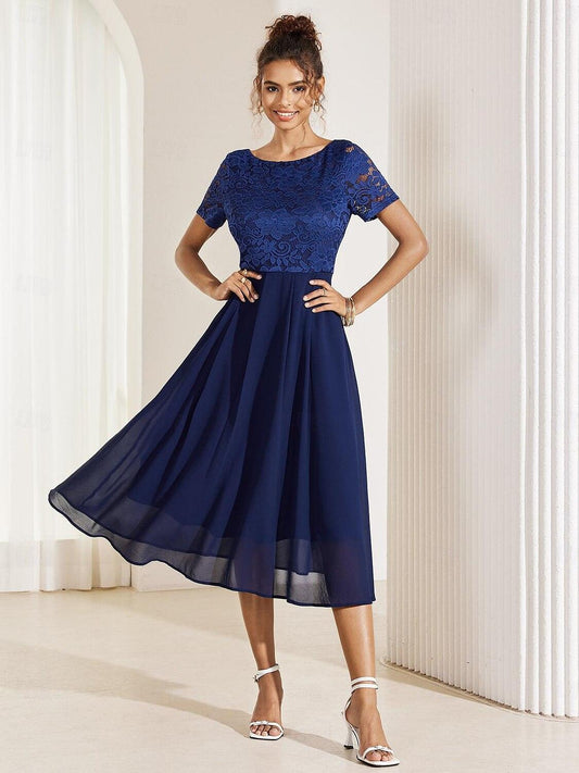 Blue Lace Ruffle Hem Chiffon Dress