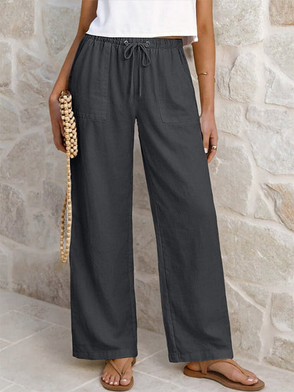 Cotton Linen Drawstring Straight-Leg Pants