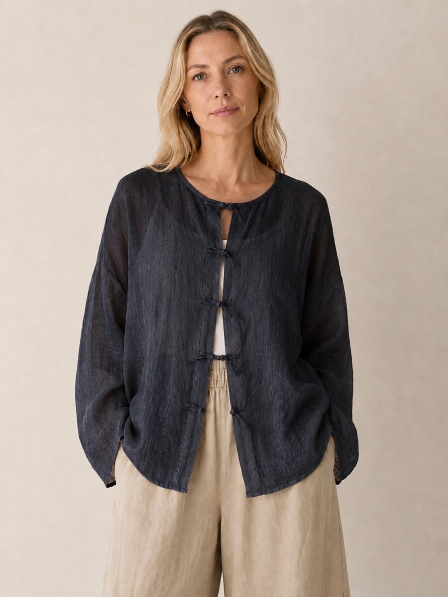 Premium 100% Linen Button-Down Blouse
