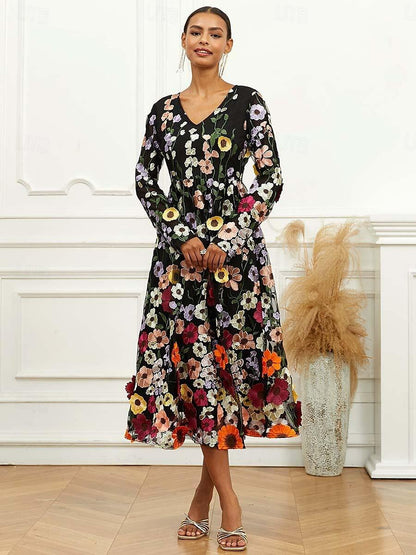 Midikleid mit Blumenstickerei und Bischofsärmeln