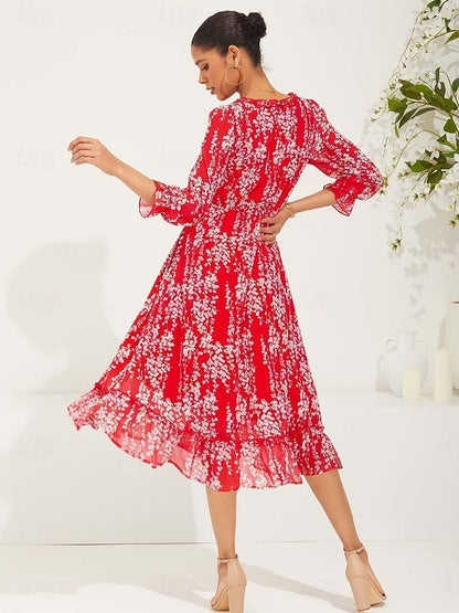 Rotes Swing-Maxikleid aus Chiffon mit Blumenmuster