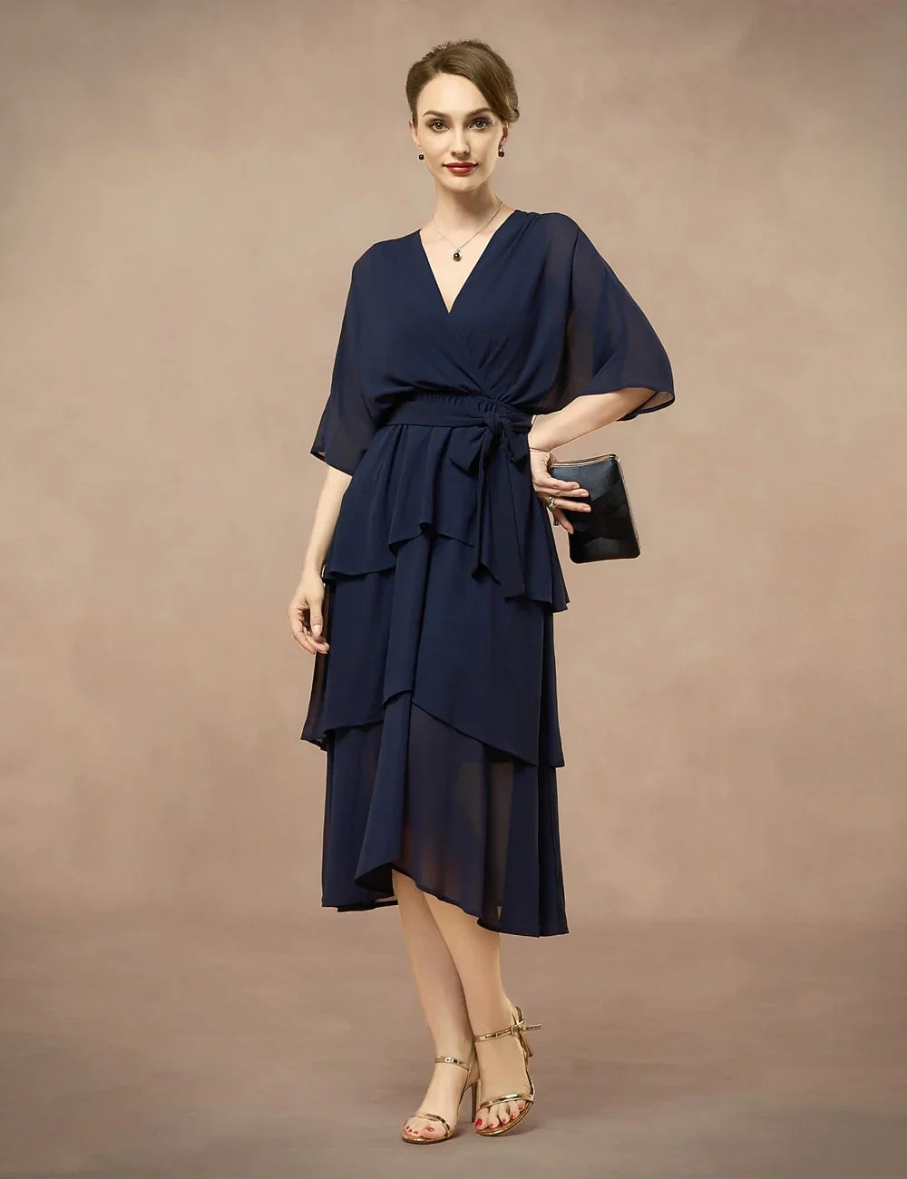 Chiffon Layered Ruffle V-Neck Dress