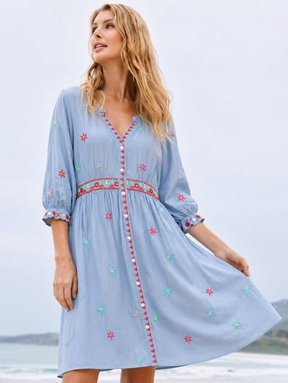 Embroidered 100% Cotton Mini Dress