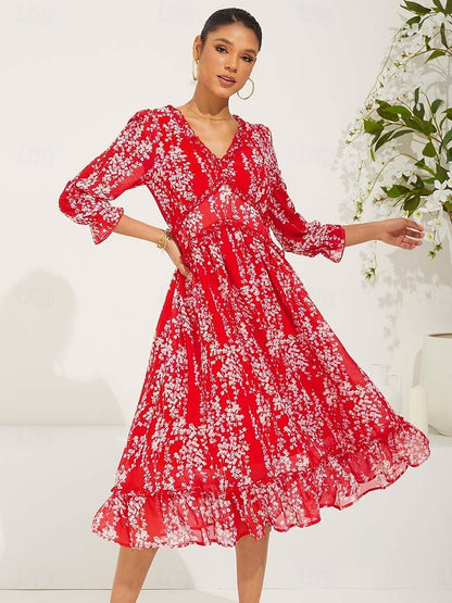 Rotes Swing-Maxikleid aus Chiffon mit Blumenmuster
