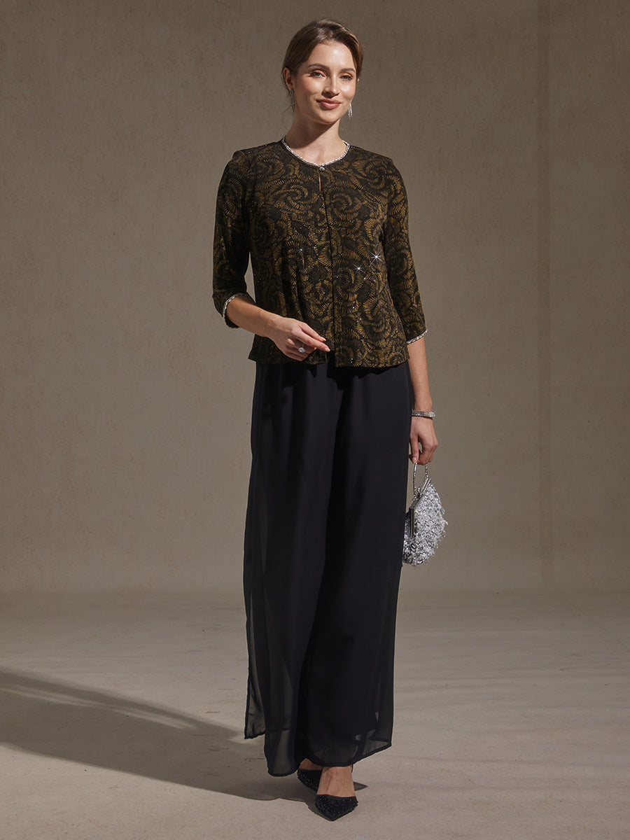 3/4 Sleeve Knit Mock Twinset with Floral Pattern