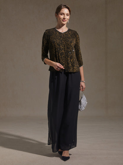 3/4 Sleeve Knit Mock Twinset with Floral Pattern