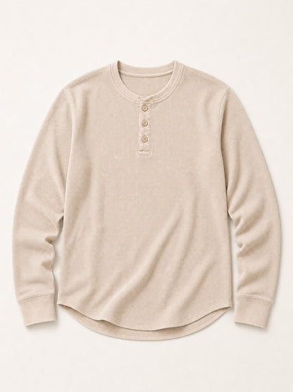 Washed 100%Cotton Waffle Henley Tops
