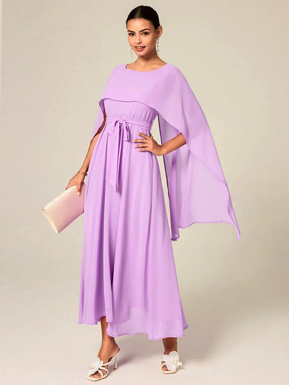 Belted Waist Purple Chiffon Maxi Dress