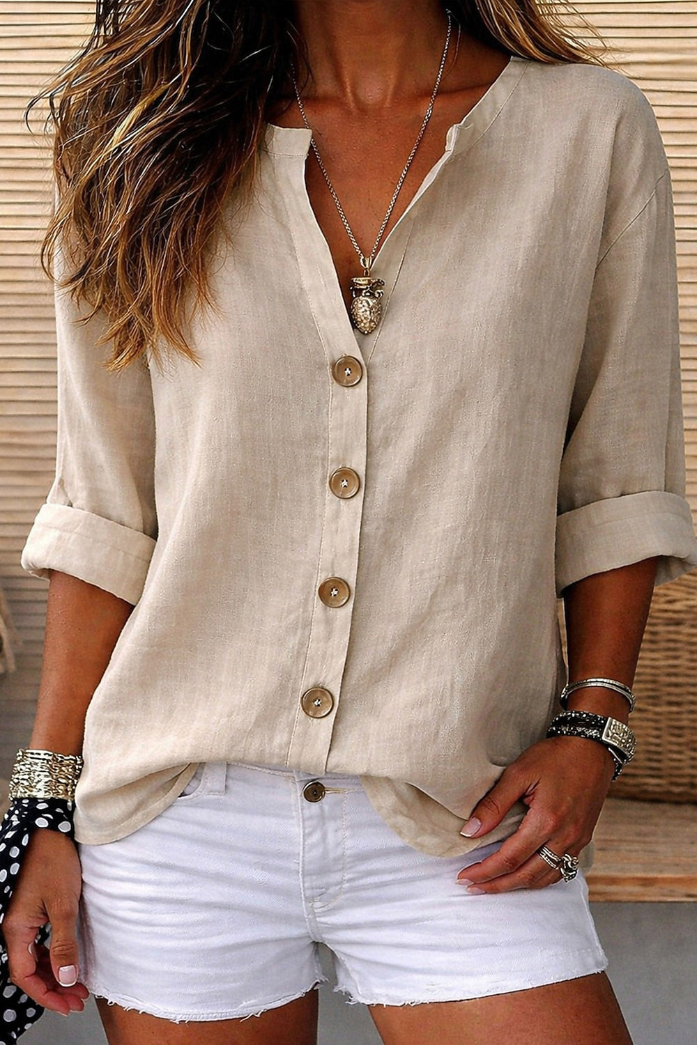 V Neck Soft Cotton Linen Blouse