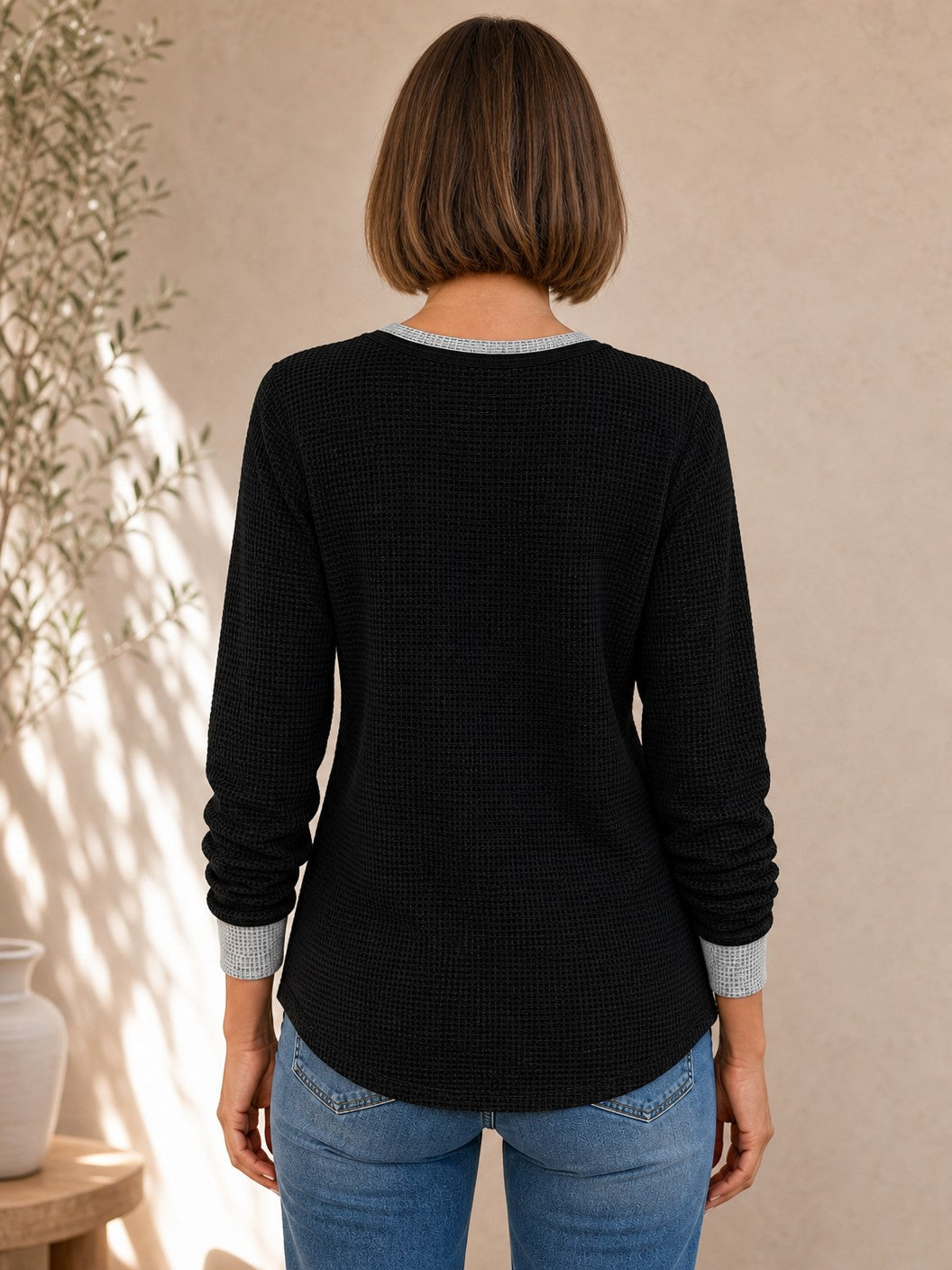 Cotton Waffle Henley Top