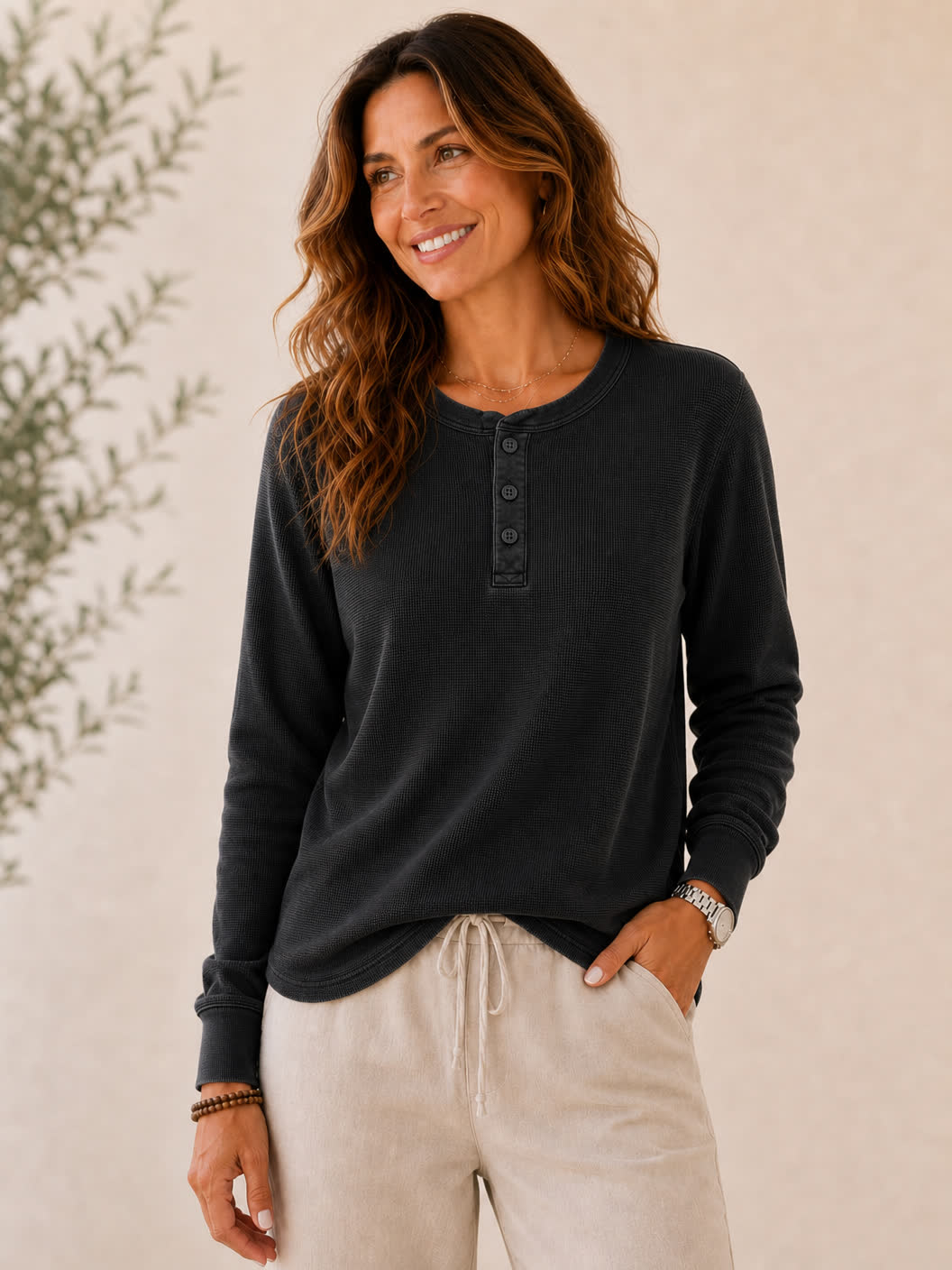 Washed 100%Cotton Waffle Henley Tops