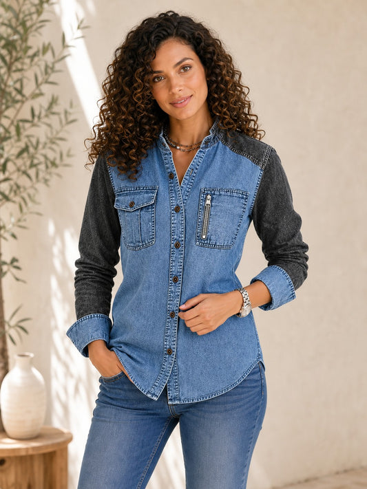 Denim Zipper Henley Shirt