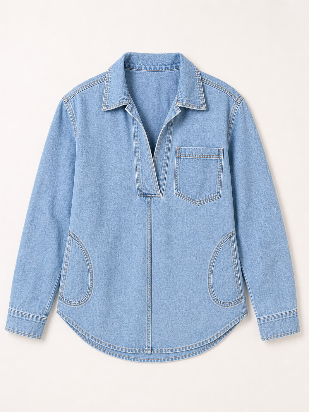 Women's Washed Denim V-Neck Hoodie
