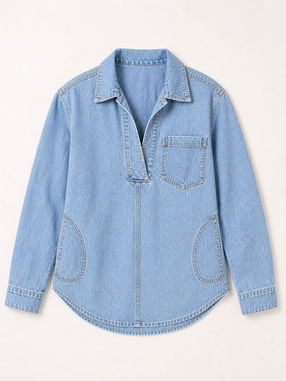 Women's Washed Denim V-Neck Hoodie