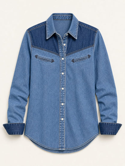 Patchwork Denim Henley Shirt