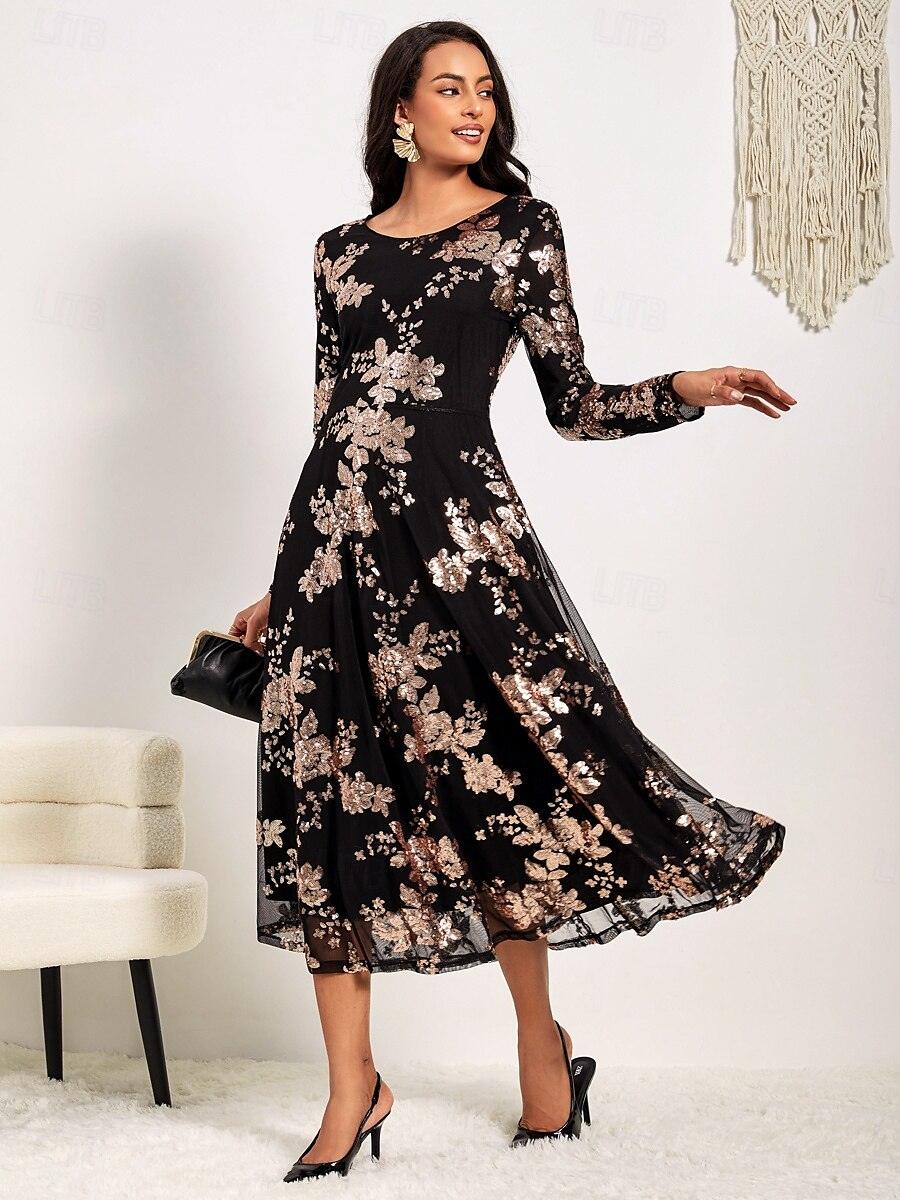 Schwarzes Maxikleid mit Rundhalsausschnitt und Spitze