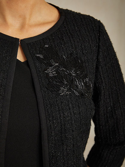 Cropped 3/4 Sleeve Tweed Jacket with Beaded Embroidery