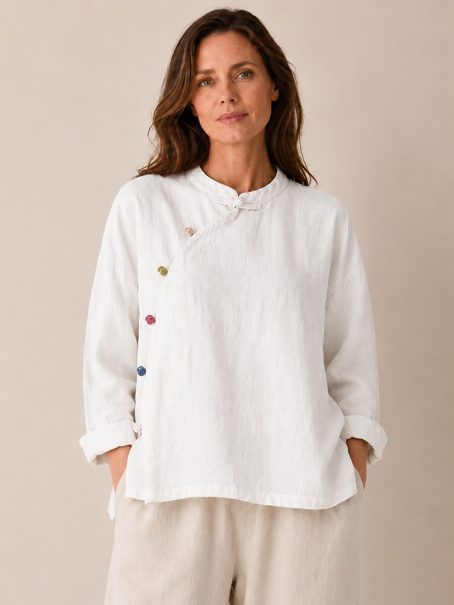 Premium Linen Asymmetric Button-Down Blouse