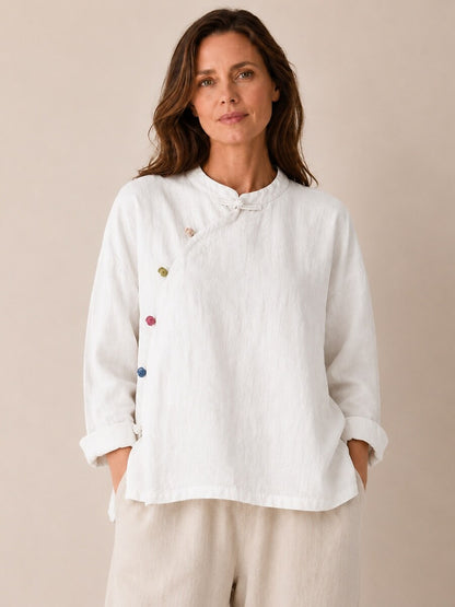 Premium Linen Asymmetric Button-Down Blouse