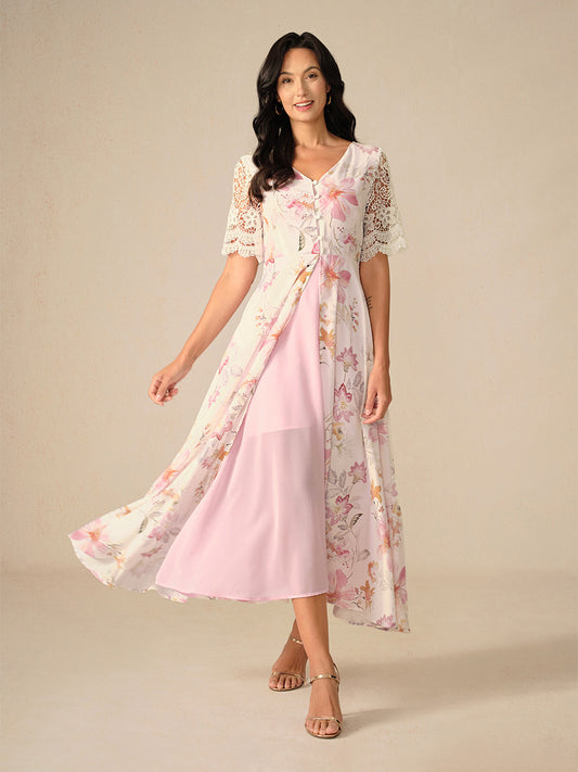 Pink Floral Front Button Chiffon Dress