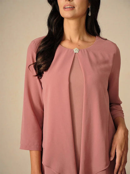 3/4 Sleeve Knee-Length Chiffon Dress with Rhinestone