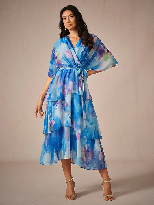 Chiffon Layered Ruffle V Neck Tye Dye Dress
