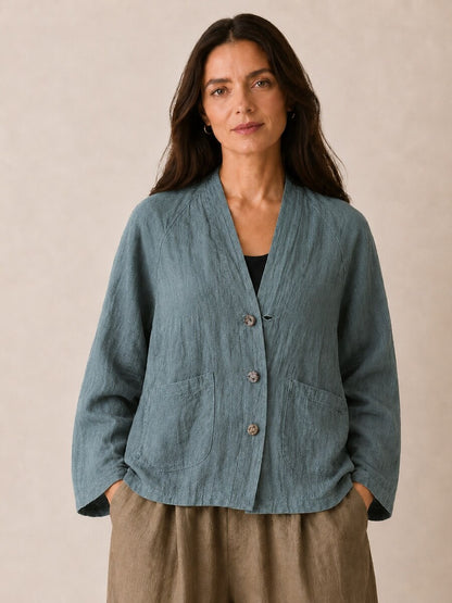Premium Linen Pocket V-Neck Blouse