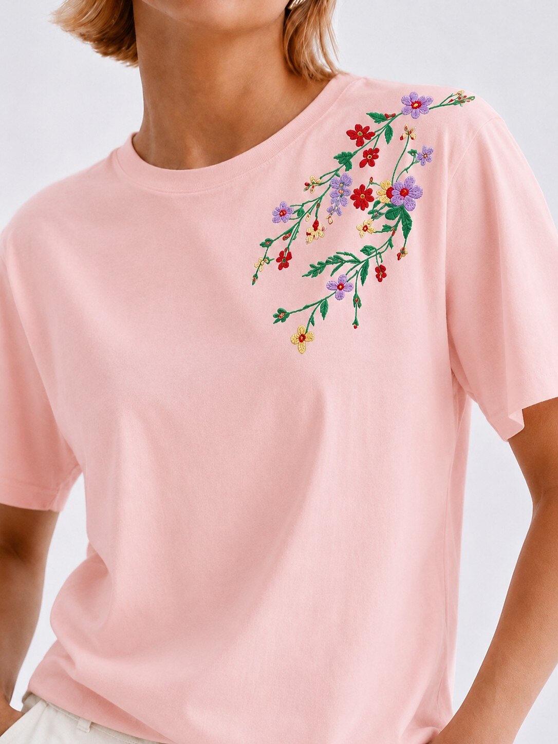 Embroidered 100% Cotton Floral Tee