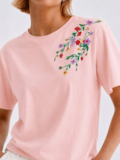 Embroidered 100% Cotton Floral Tee