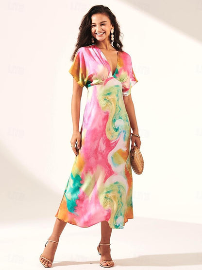Maxikleid aus Satin mit Batikmuster und Marmor-Print