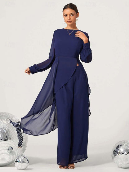 Chiffon Boat Neck Top & Wide Leg Pants Set