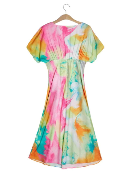 Satin Tie Dye Marble Print Maxi Dress