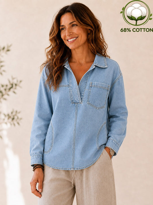 Women's Washed Denim V-Neck Hoodie
