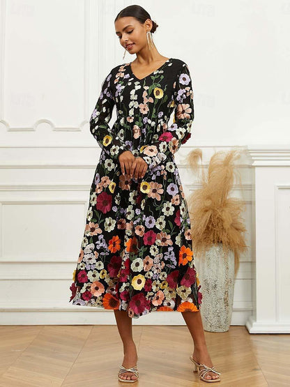 Midikleid mit Blumenstickerei und Bischofsärmeln