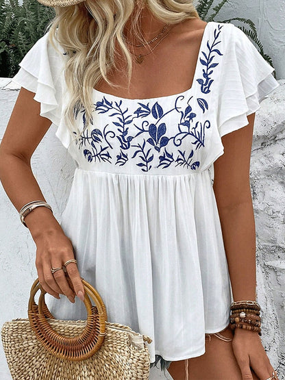 Embroidered Square Cotton Neck Top