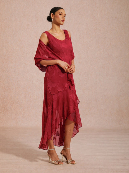 海軍藍花卉雪紡不對稱下擺晚禮服