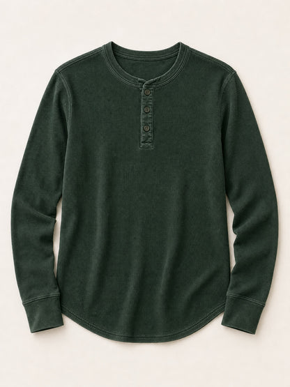 Washed 100%Cotton Waffle Henley Tops