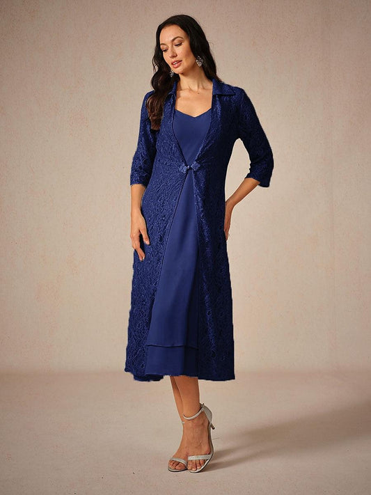 Chiffon Solid Color Lace Dress Set