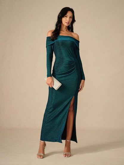 Elegantes, schulterfreies, gerüschtes Kleid in Blaugrün