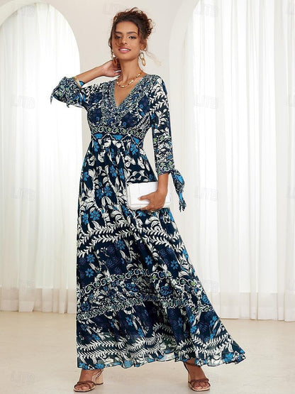 Urlaubs-Maxikleid aus Chiffon mit Rüschen und V-Ausschnitt